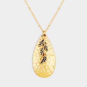Gold Hammered Teardrop Leaf Charm Pendant Necklace Statement Chain